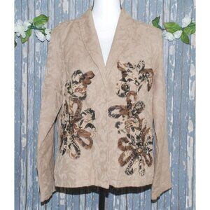 Marisol Ladies Brown Suede Long Sleeve Jacket Size L Floral Open Front Patchwork
